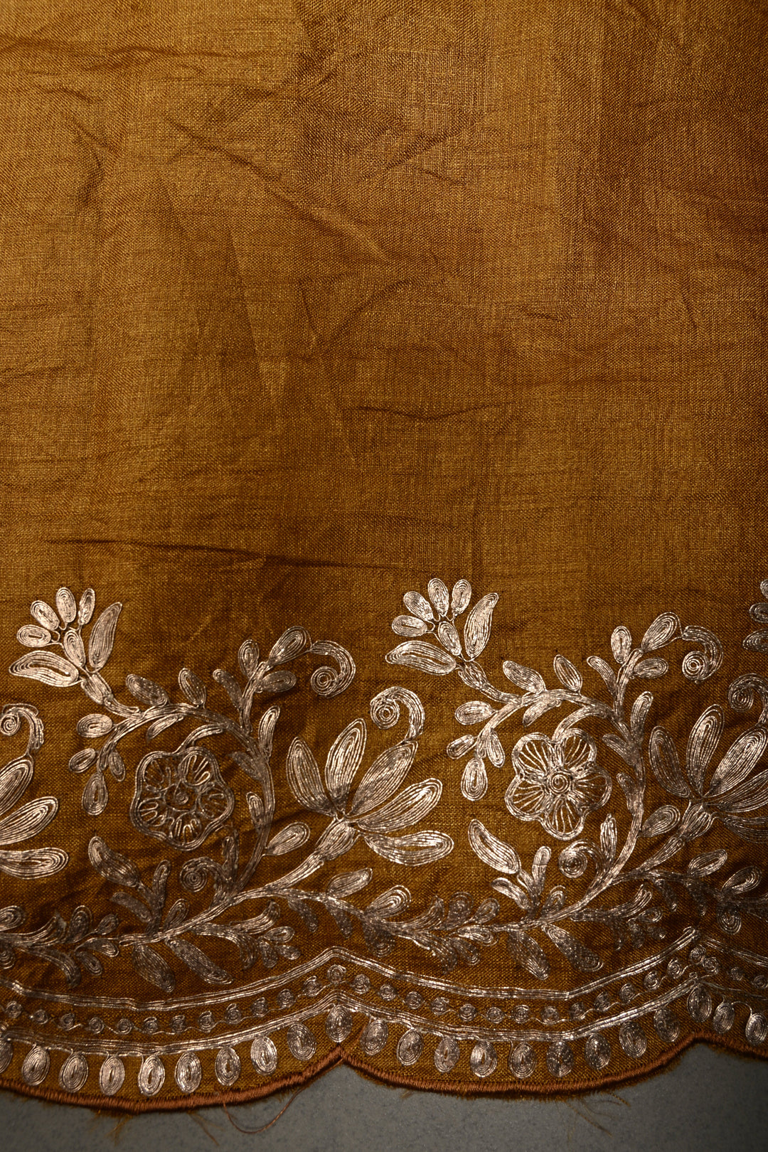 Mustard Pitta work Embroidery on Pure Natural Tussar Silk Saree with Koniya Motifs and Scallop Border | SILK MARK CERTIFIED | SHOBITAM