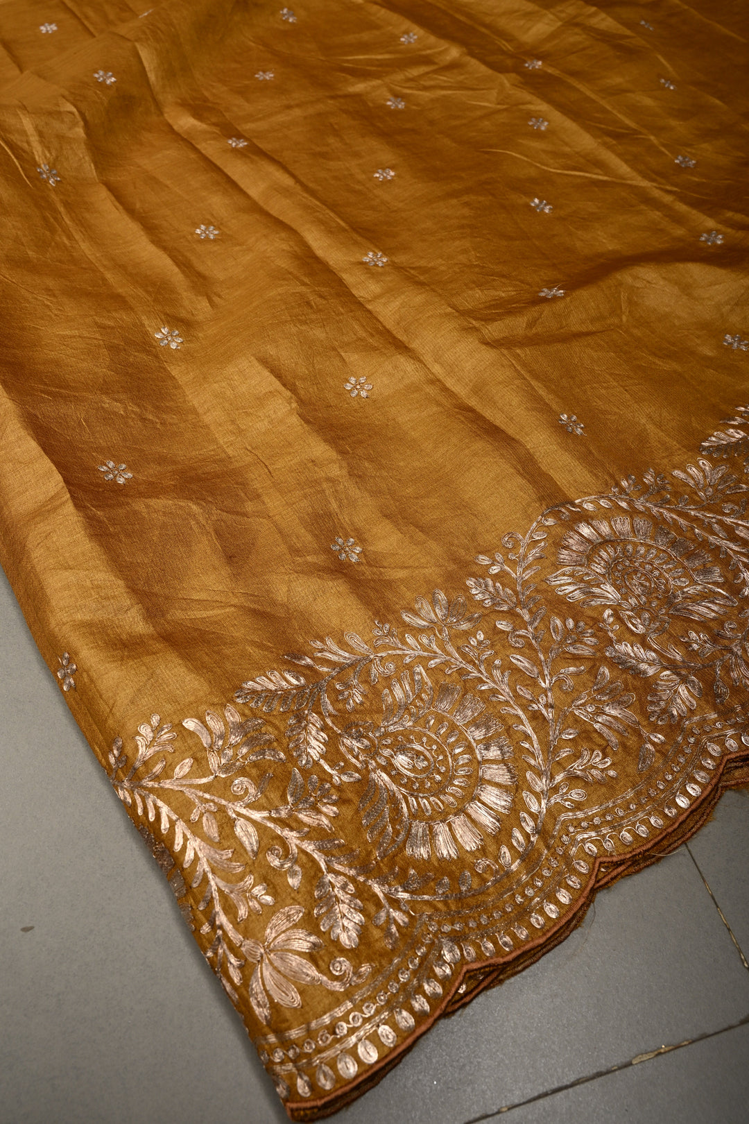 Mustard Pitta work Embroidery on Pure Natural Tussar Silk Saree with Koniya Motifs and Scallop Border | SILK MARK CERTIFIED | SHOBITAM