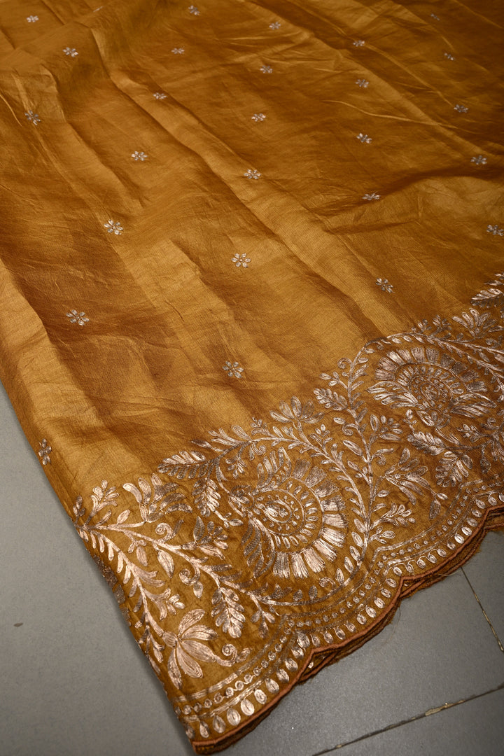 Mustard Pitta work Embroidery on Pure Natural Tussar Silk Saree with Koniya Motifs and Scallop Border | SILK MARK CERTIFIED | SHOBITAM