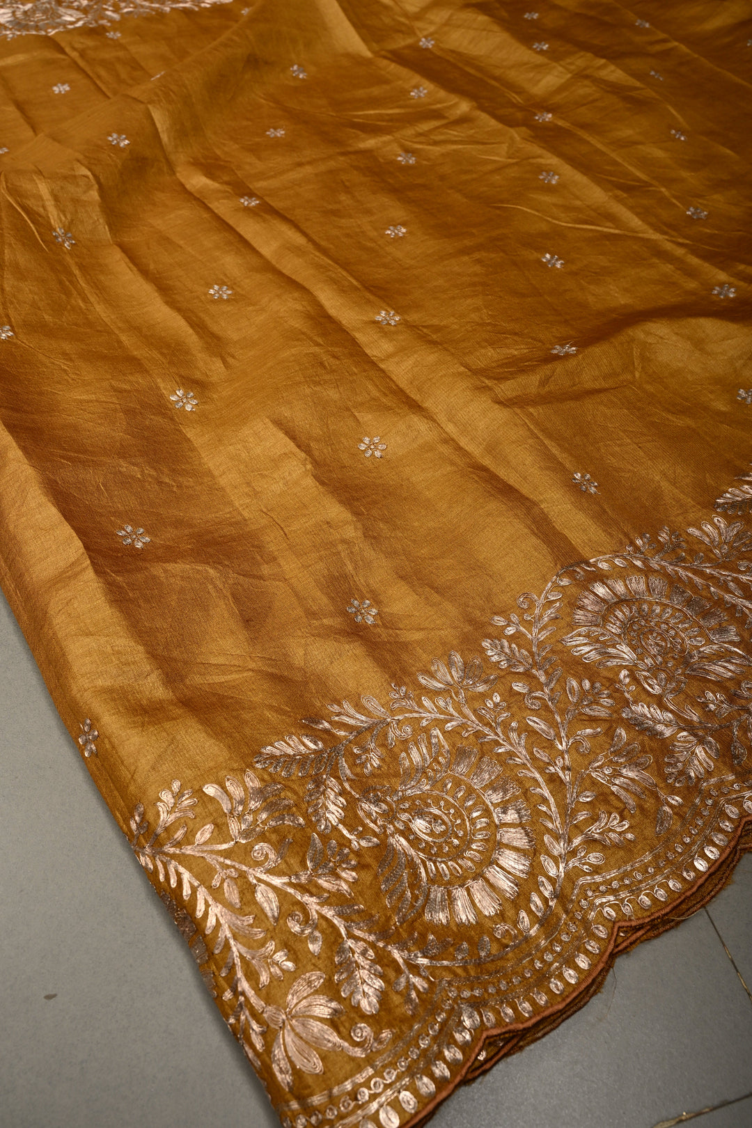 Mustard Pitta work Embroidery on Pure Natural Tussar Silk Saree with Koniya Motifs and Scallop Border | SILK MARK CERTIFIED | SHOBITAM
