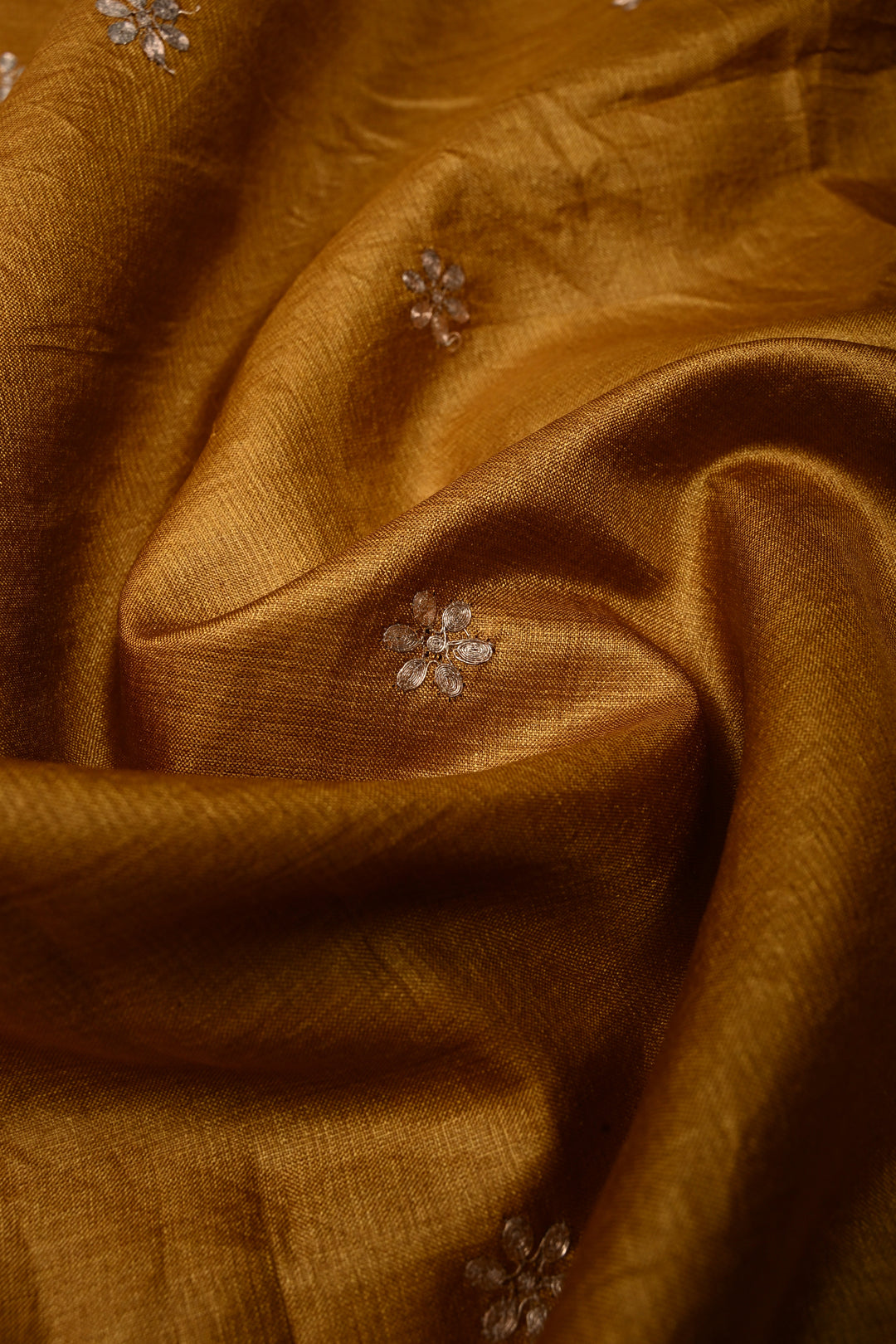 Mustard Pitta work Embroidery on Pure Natural Tussar Silk Saree with Koniya Motifs and Scallop Border | SILK MARK CERTIFIED | SHOBITAM