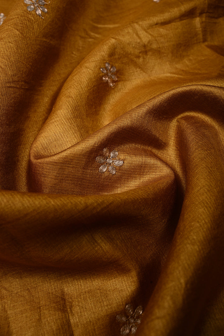 Mustard Pitta work Embroidery on Pure Natural Tussar Silk Saree with Koniya Motifs and Scallop Border | SILK MARK CERTIFIED | SHOBITAM