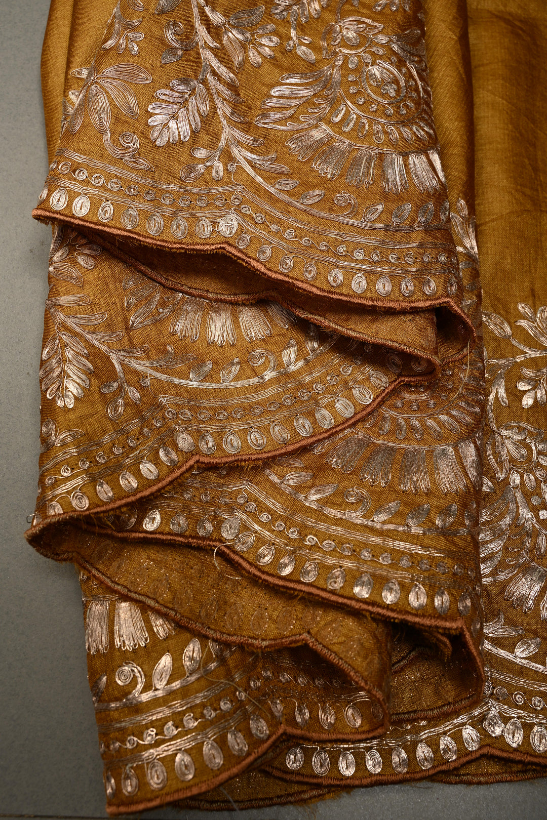 Mustard Pitta work Embroidery on Pure Natural Tussar Silk Saree with Koniya Motifs and Scallop Border | SILK MARK CERTIFIED | SHOBITAM
