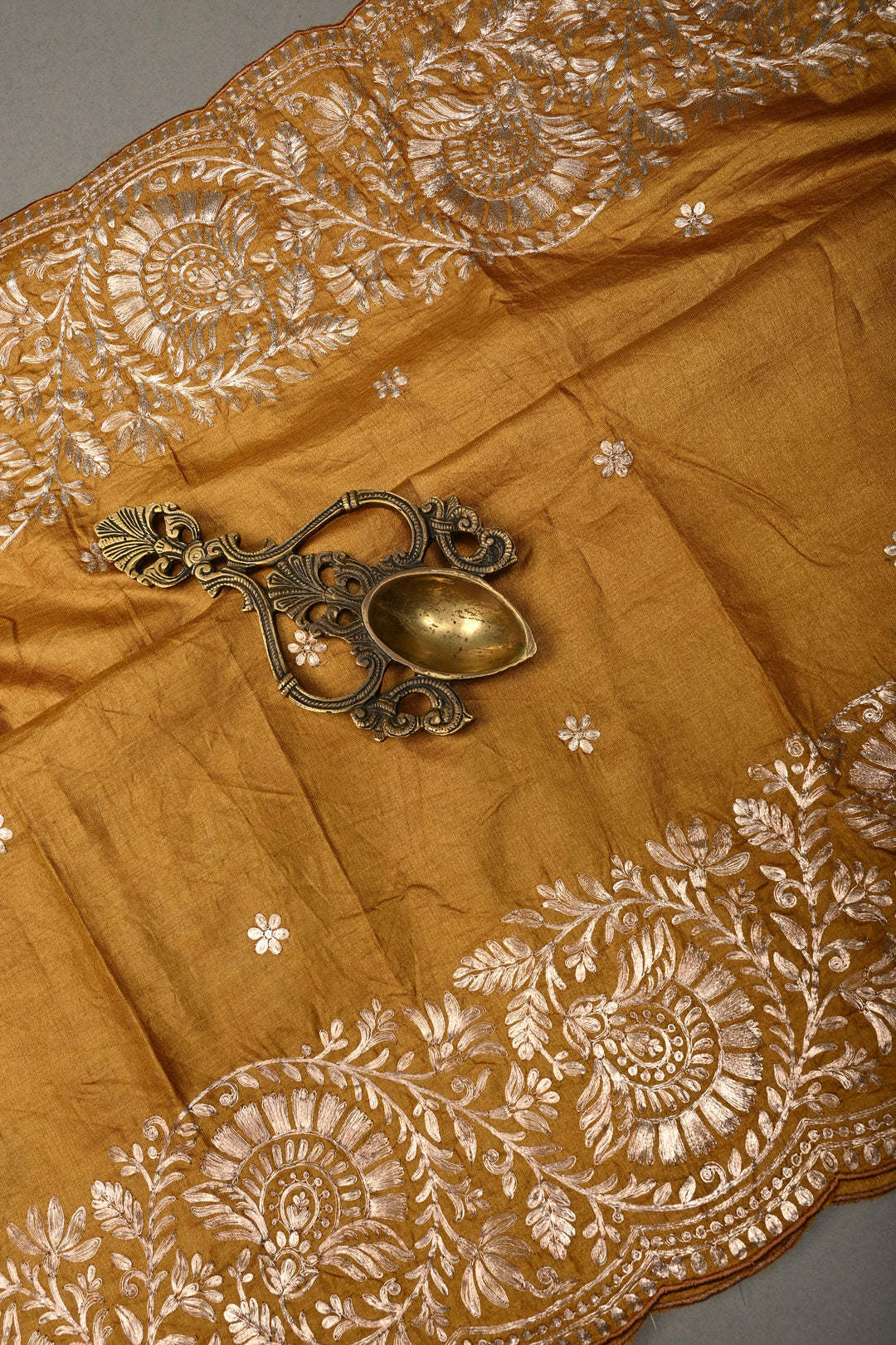 Mustard Pitta work Embroidery on Pure Natural Tussar Silk Saree with Koniya Motifs and Scallop Border | SILK MARK CERTIFIED | SHOBITAM