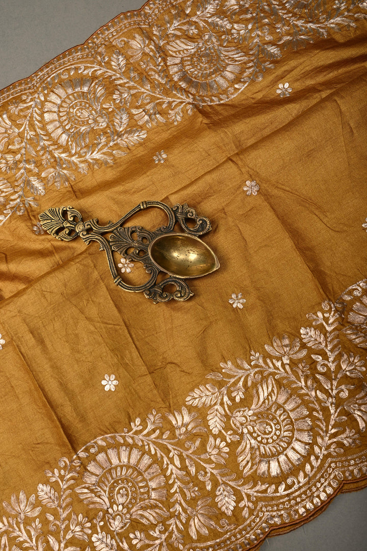 Mustard Pitta work Embroidery on Pure Natural Tussar Silk Saree with Koniya Motifs and Scallop Border | SILK MARK CERTIFIED | SHOBITAM