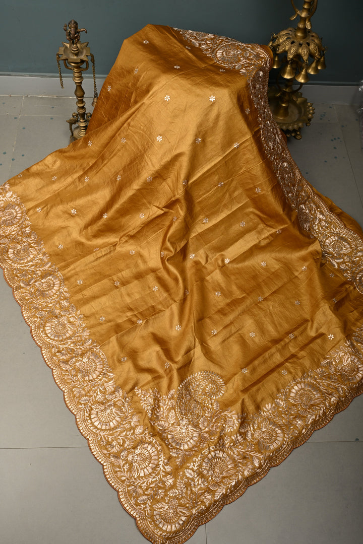 Mustard Pitta work Embroidery on Pure Natural Tussar Silk Saree with Koniya Motifs and Scallop Border | SILK MARK CERTIFIED | SHOBITAM