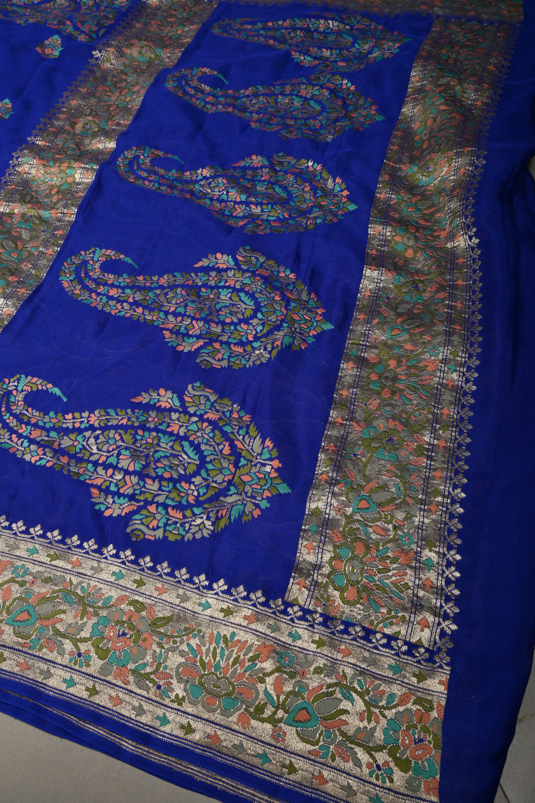Royal Blue Half and Half Pure Silk Banarasi Georgette Saree with Meenakari Floral Jaal-Buttas Zari Border | SILK MARK CERTIFIED | SHOBITAM