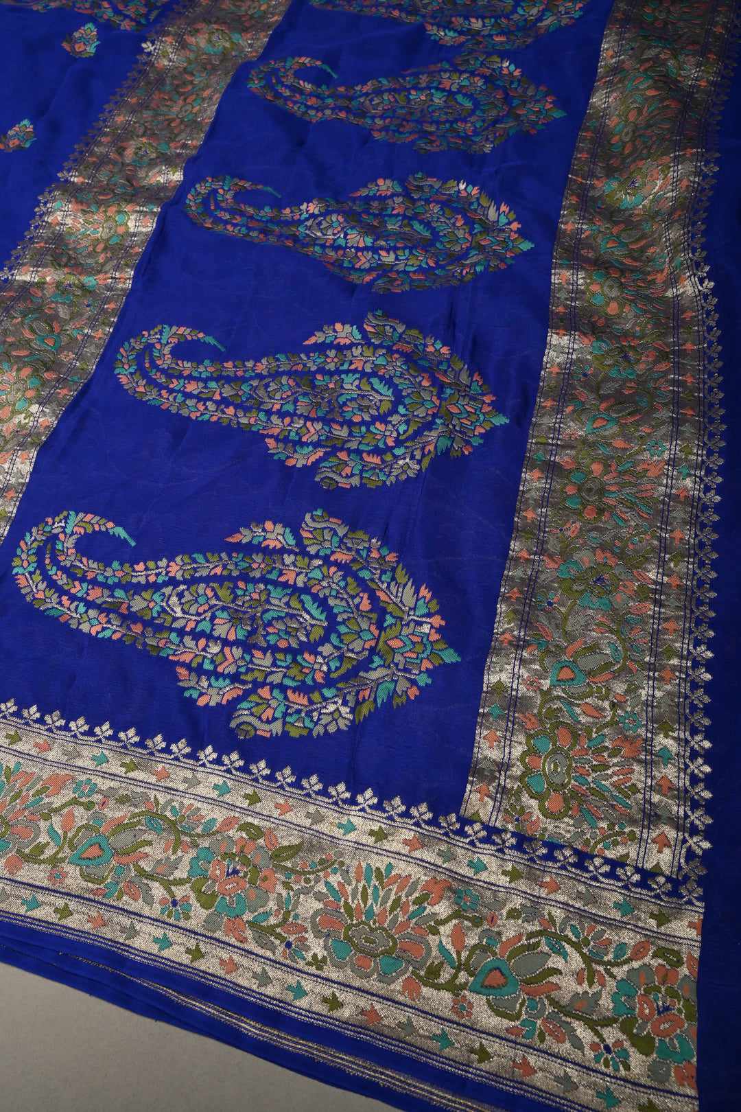 Royal Blue Half and Half Pure Silk Banarasi Georgette Saree with Meenakari Floral Jaal-Buttas Zari Border | SILK MARK CERTIFIED | SHOBITAM