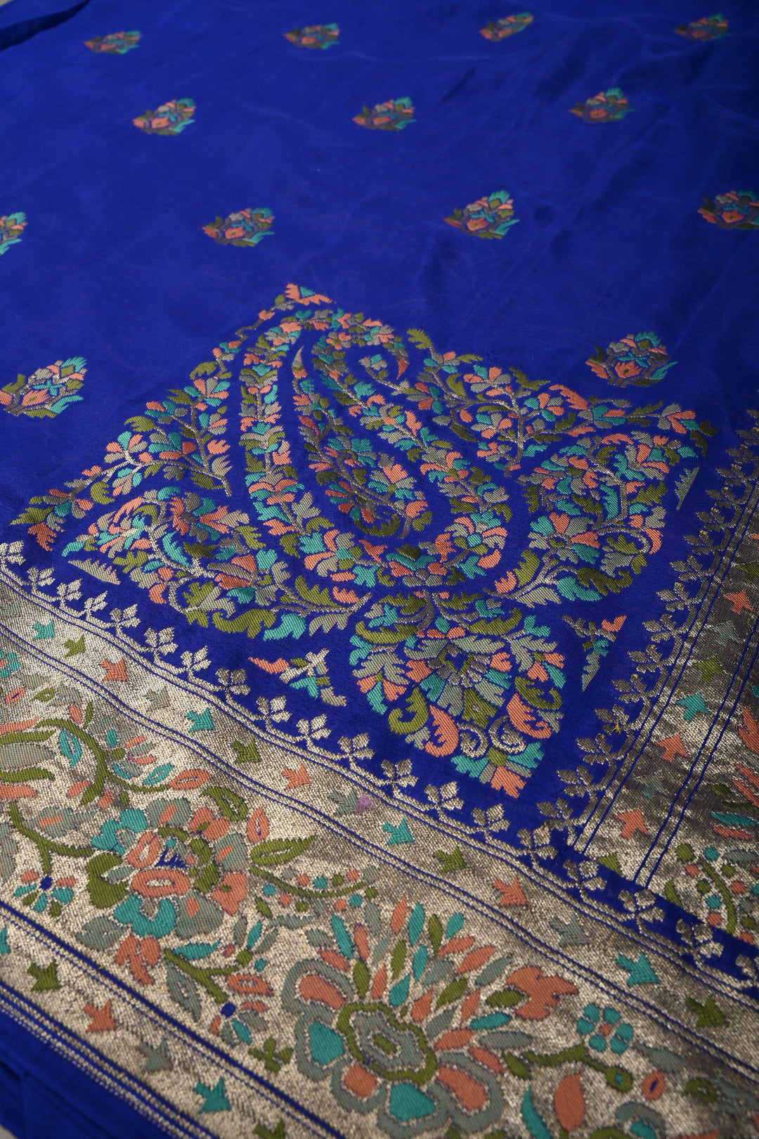 Royal Blue Half and Half Pure Silk Banarasi Georgette Saree with Meenakari Floral Jaal-Buttas Zari Border | SILK MARK CERTIFIED | SHOBITAM