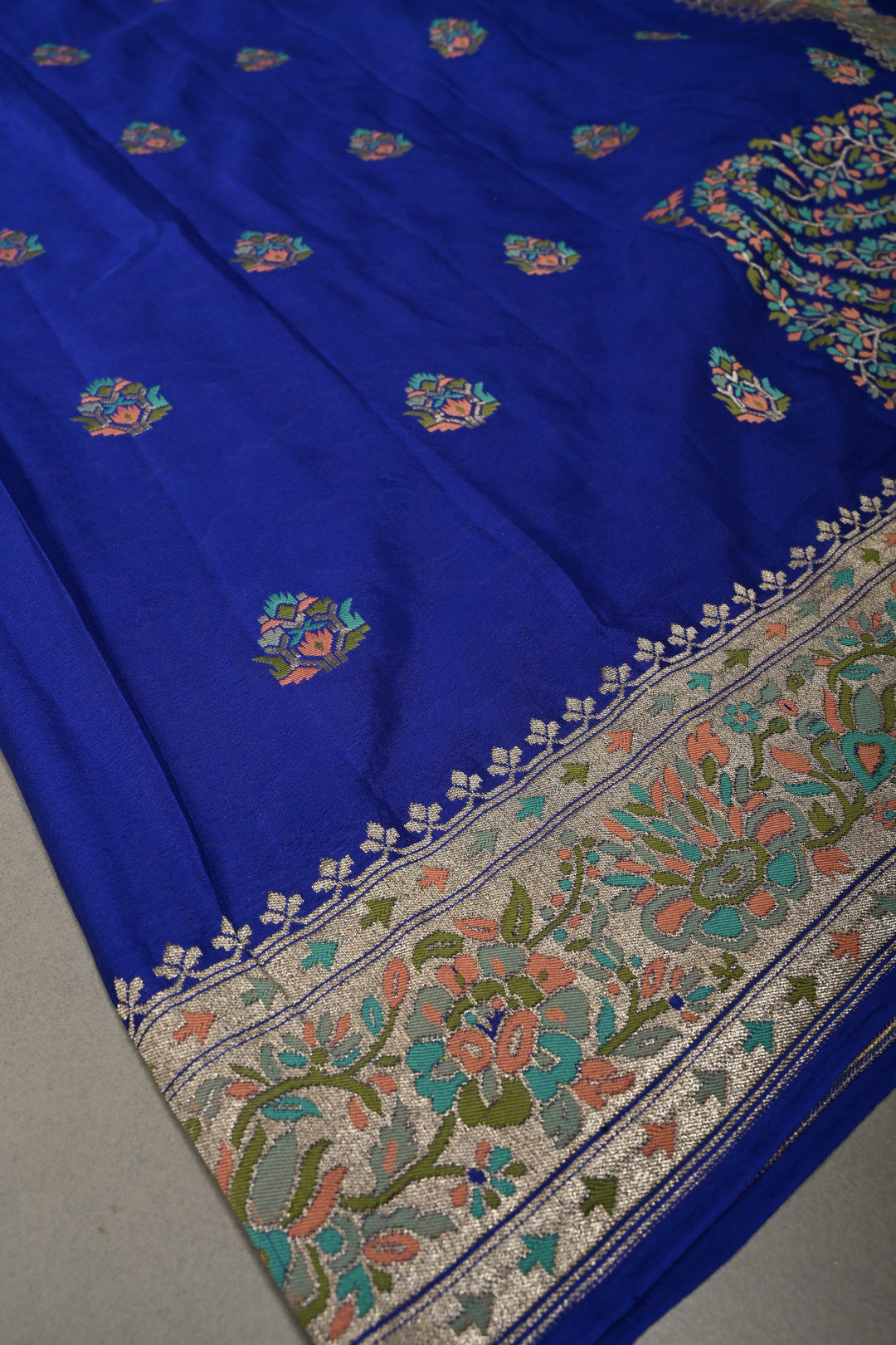 Royal Blue Half and Half Pure Silk Banarasi Georgette Saree with Meenakari Floral Jaal-Buttas Zari Border | SILK MARK CERTIFIED | SHOBITAM