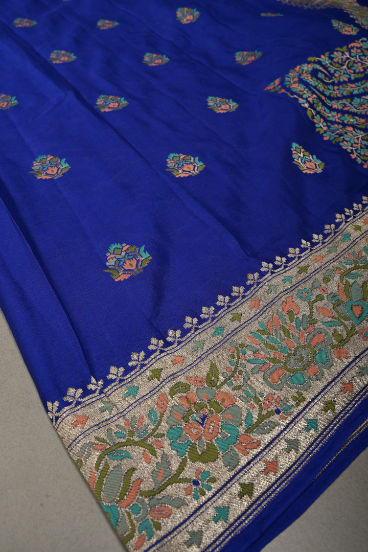 Royal Blue Half and Half Pure Silk Banarasi Georgette Saree with Meenakari Floral Jaal-Buttas Zari Border | SILK MARK CERTIFIED | SHOBITAM