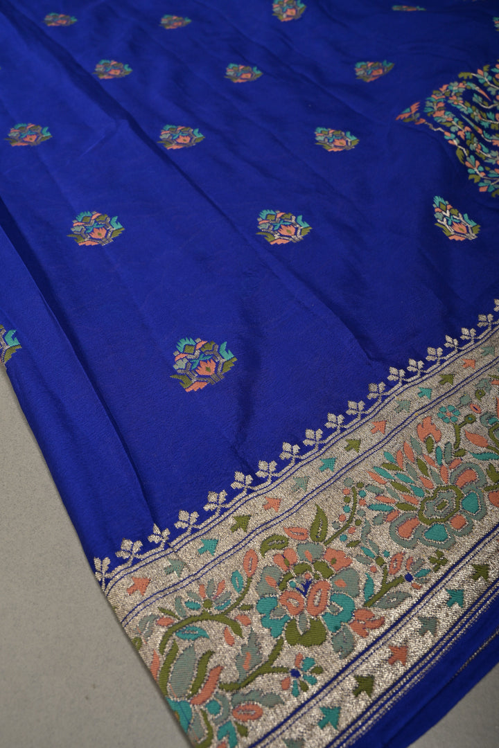 Royal Blue Half and Half Pure Silk Banarasi Georgette Saree with Meenakari Floral Jaal-Buttas Zari Border | SILK MARK CERTIFIED | SHOBITAM