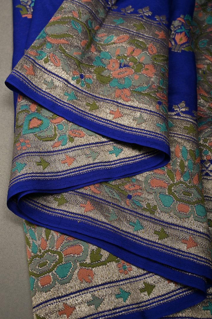 Royal Blue Half and Half Pure Silk Banarasi Georgette Saree with Meenakari Floral Jaal-Buttas Zari Border | SILK MARK CERTIFIED | SHOBITAM