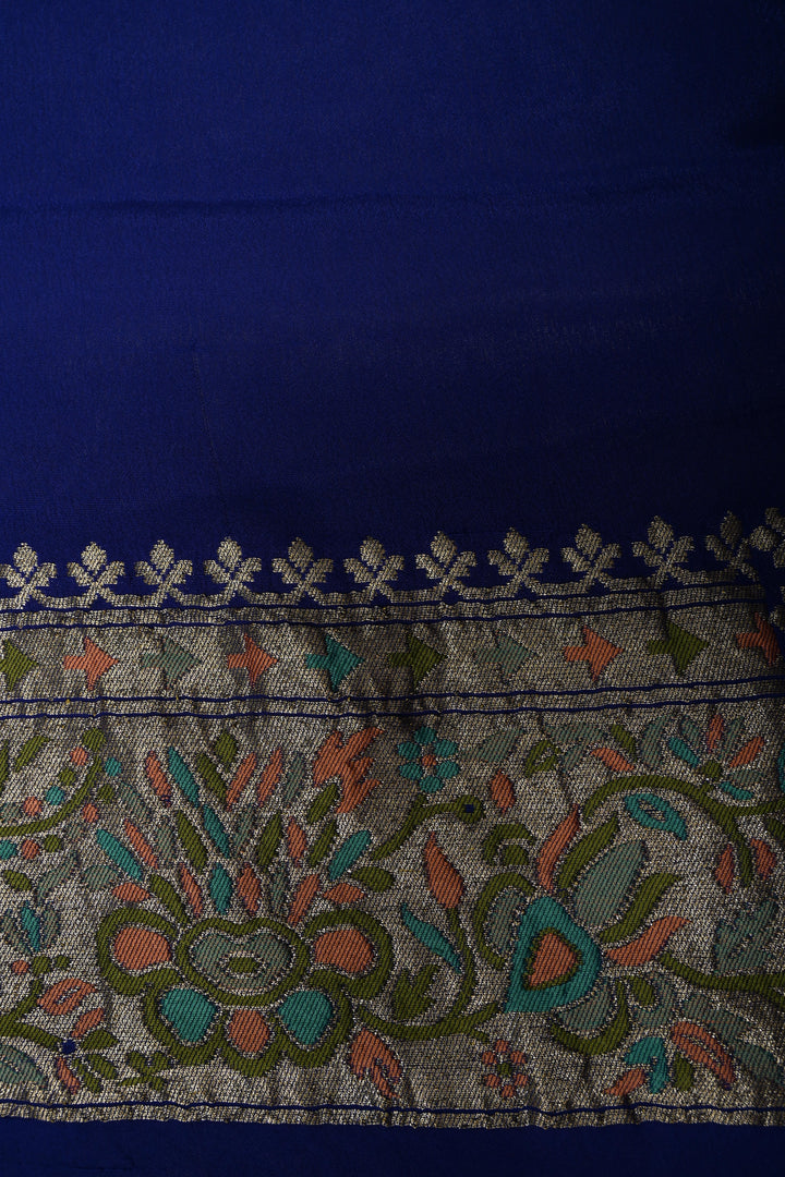 Royal Blue Half and Half Pure Silk Banarasi Georgette Saree with Meenakari Floral Jaal-Buttas Zari Border | SILK MARK CERTIFIED | SHOBITAM