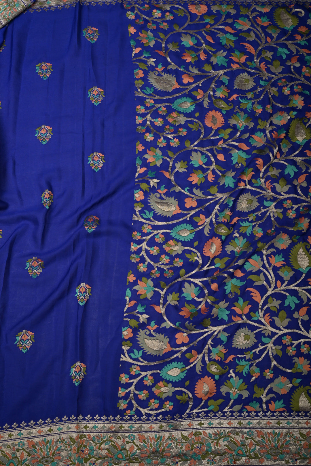 Royal Blue Half and Half Pure Silk Banarasi Georgette Saree with Meenakari Floral Jaal-Buttas Zari Border | SILK MARK CERTIFIED | SHOBITAM