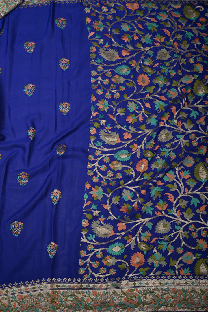 Royal Blue Half and Half Pure Silk Banarasi Georgette Saree with Meenakari Floral Jaal-Buttas Zari Border | SILK MARK CERTIFIED | SHOBITAM