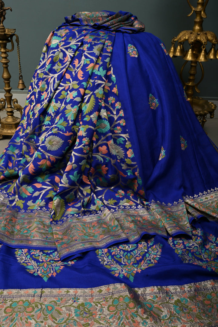 Royal Blue Half and Half Pure Silk Banarasi Georgette Saree with Meenakari Floral Jaal-Buttas Zari Border | SILK MARK CERTIFIED | SHOBITAM