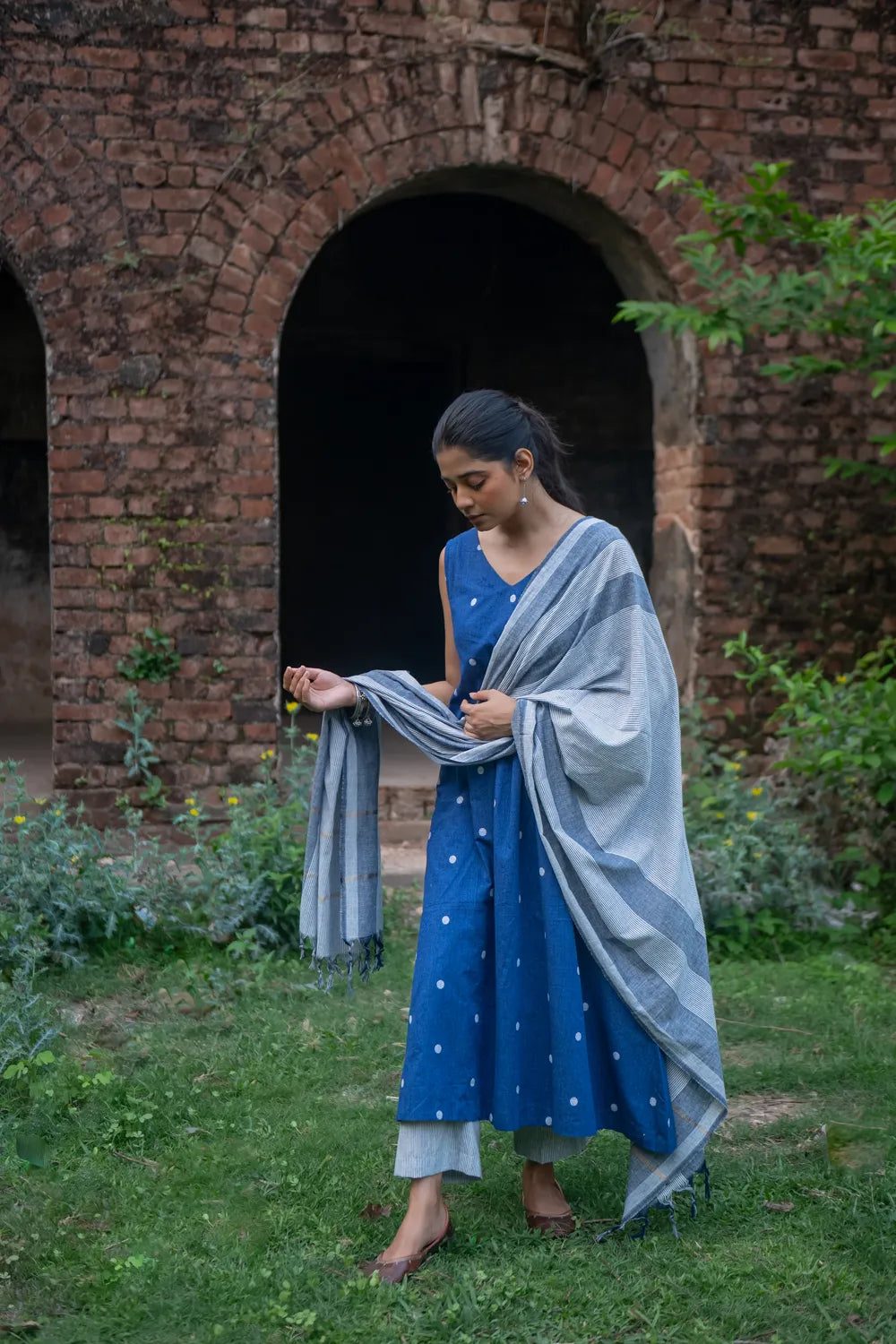 Blue Pure South Cotton Polka Woven Kurta Set with Dupatta | SHOBITAM