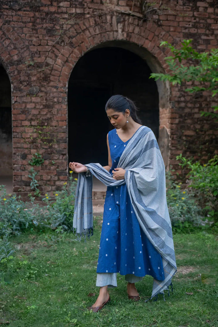 Blue Pure South Cotton Polka Woven Kurta Set with Dupatta | SHOBITAM
