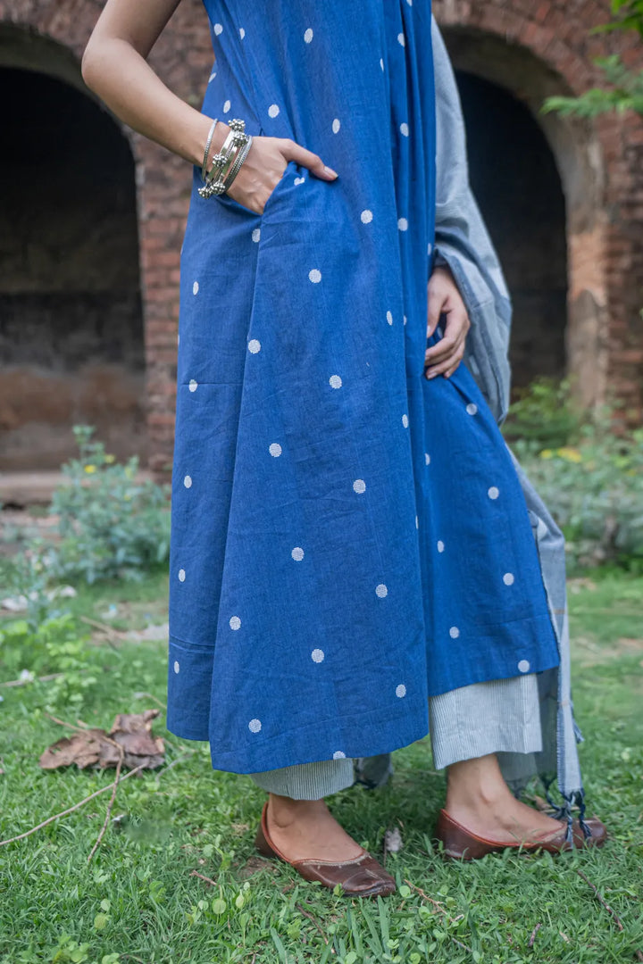 Blue Pure South Cotton Polka Woven Kurta Set with Dupatta | SHOBITAM