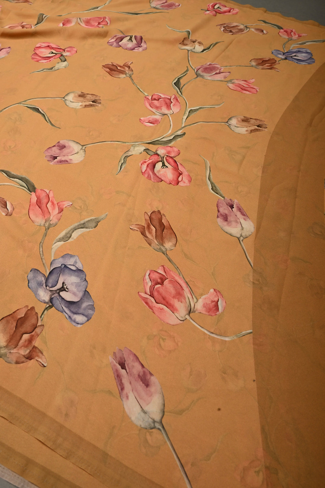 Dusty Mustard Yellow Georgette Saree with Blossom Floral Digital Print, No Blouse Piece