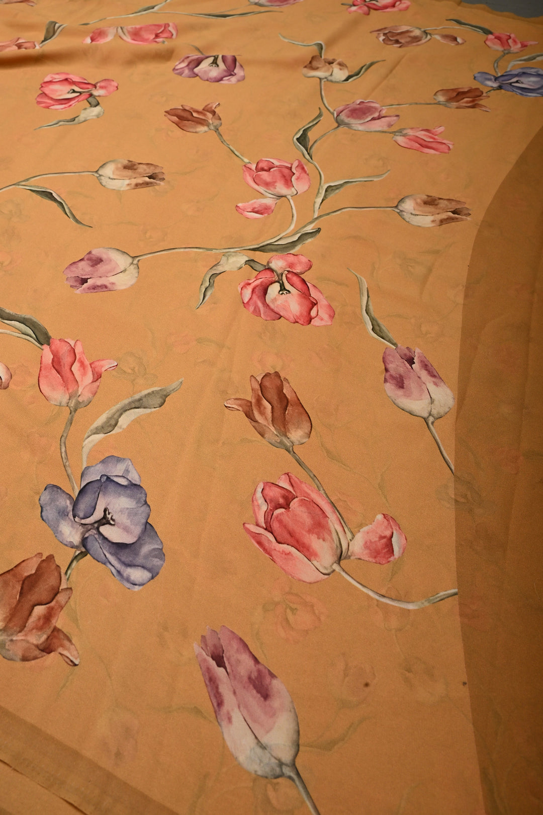 Dusty Mustard Yellow Georgette Saree with Blossom Floral Digital Print, No Blouse Piece