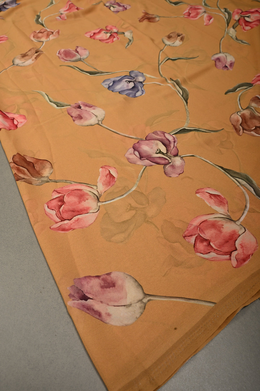 Dusty Mustard Yellow Georgette Saree with Blossom Floral Digital Print, No Blouse Piece