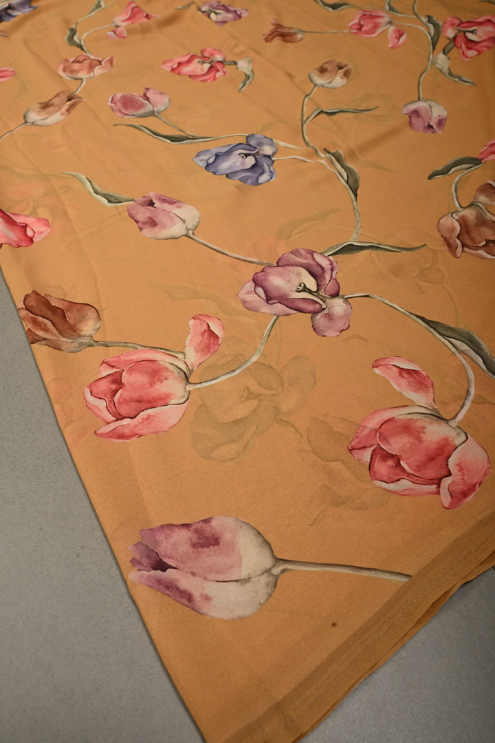 Dusty Mustard Yellow Georgette Saree with Blossom Floral Digital Print, No Blouse Piece
