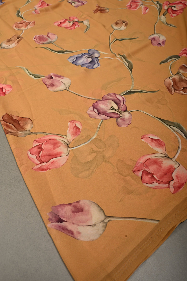 Dusty Mustard Yellow Georgette Saree with Blossom Floral Digital Print, No Blouse Piece