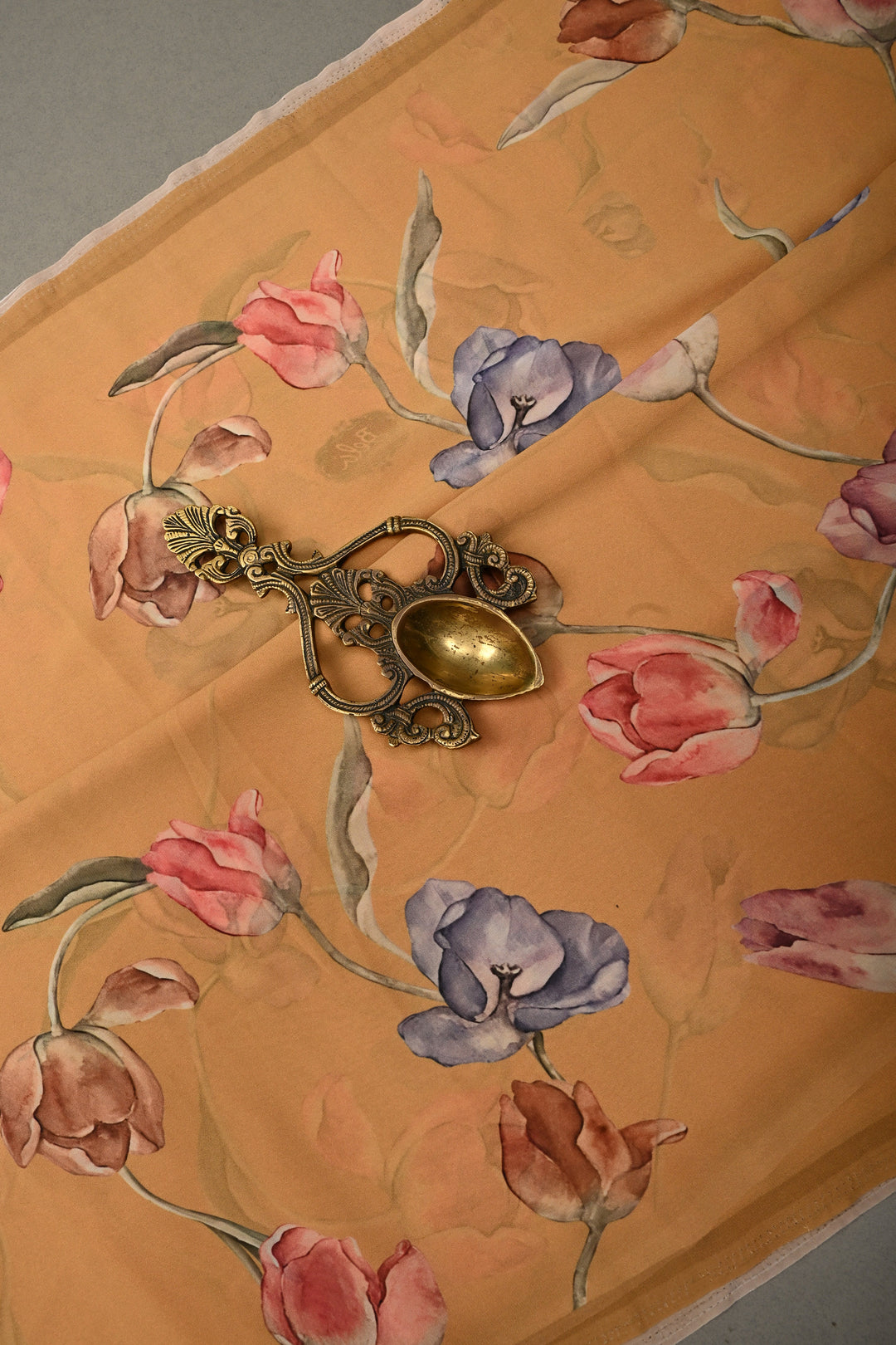 Dusty Mustard Yellow Georgette Saree with Blossom Floral Digital Print, No Blouse Piece