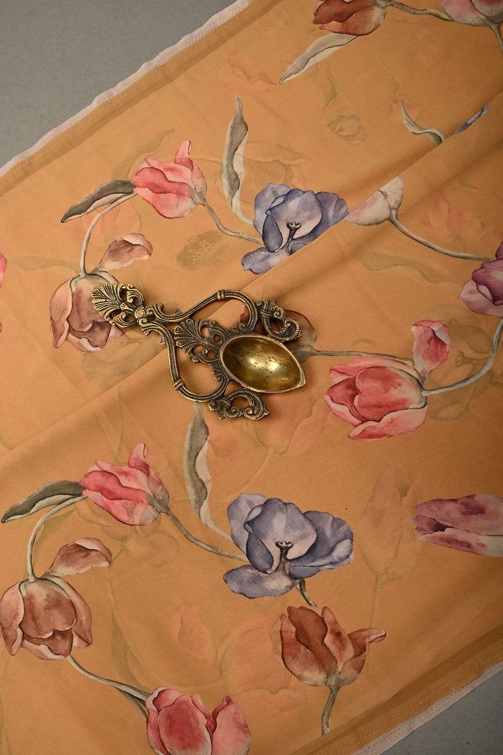 Dusty Mustard Yellow Georgette Saree with Blossom Floral Digital Print, No Blouse Piece