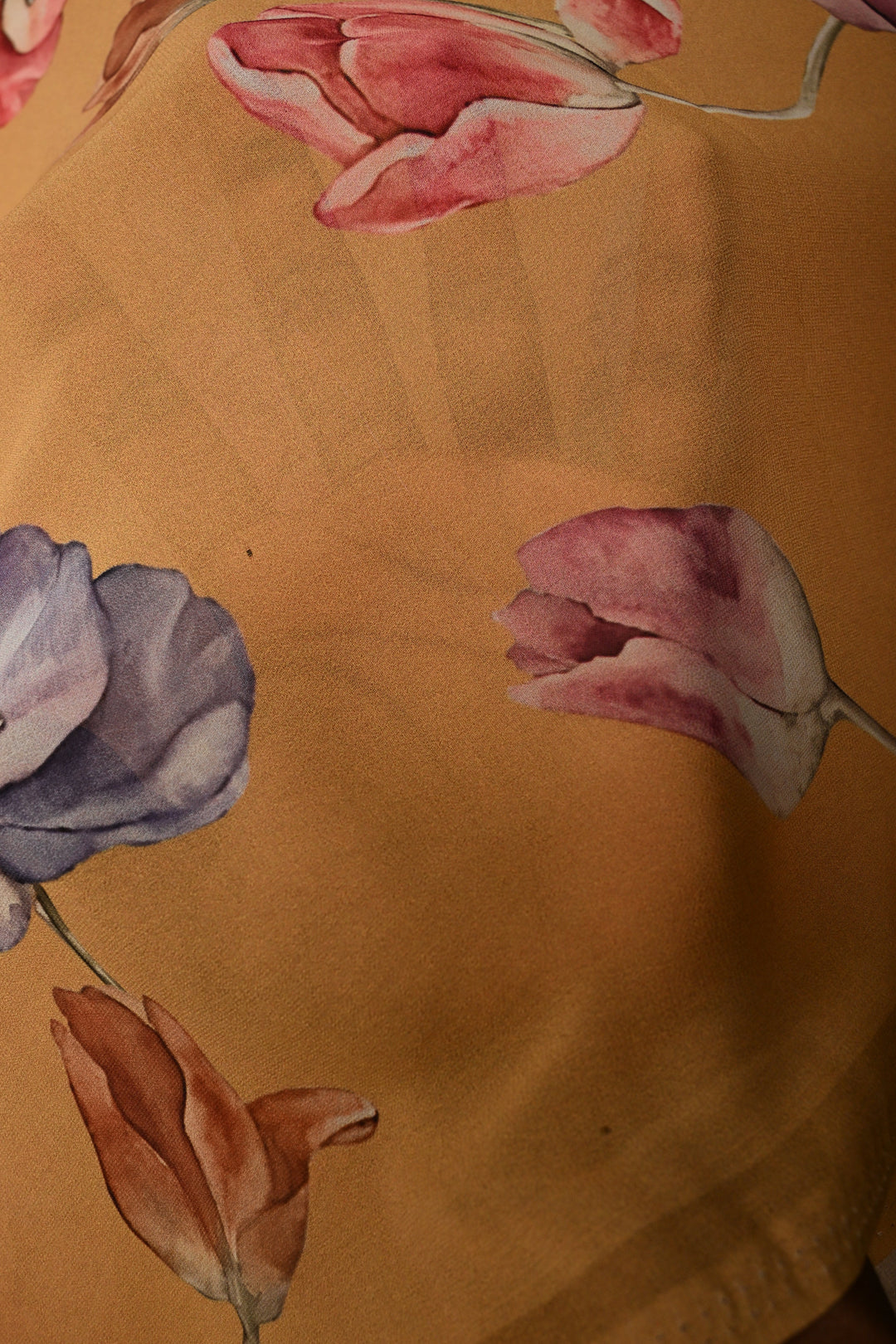 Dusty Mustard Yellow Georgette Saree with Blossom Floral Digital Print, No Blouse Piece