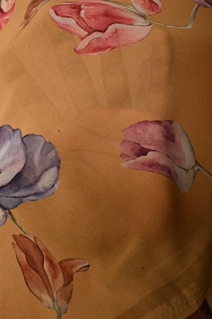 Dusty Mustard Yellow Georgette Saree with Blossom Floral Digital Print, No Blouse Piece