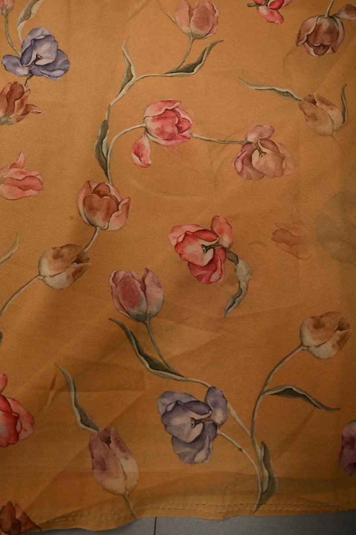 Dusty Mustard Yellow Georgette Saree with Blossom Floral Digital Print, No Blouse Piece