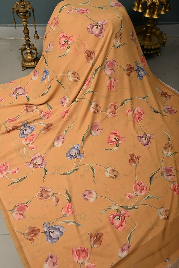 Dusty Mustard Yellow Georgette Saree with Blossom Floral Digital Print, No Blouse Piece