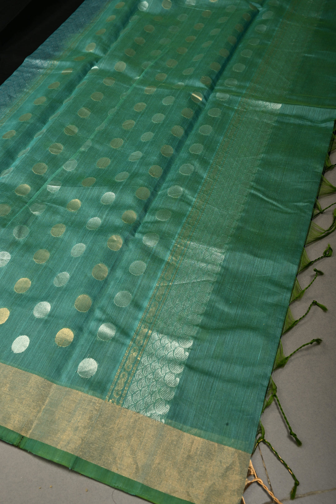 Black Mercerized Cotton Saree with Sona Rupa Polka Dots and Tissue Border | SHOBITAM