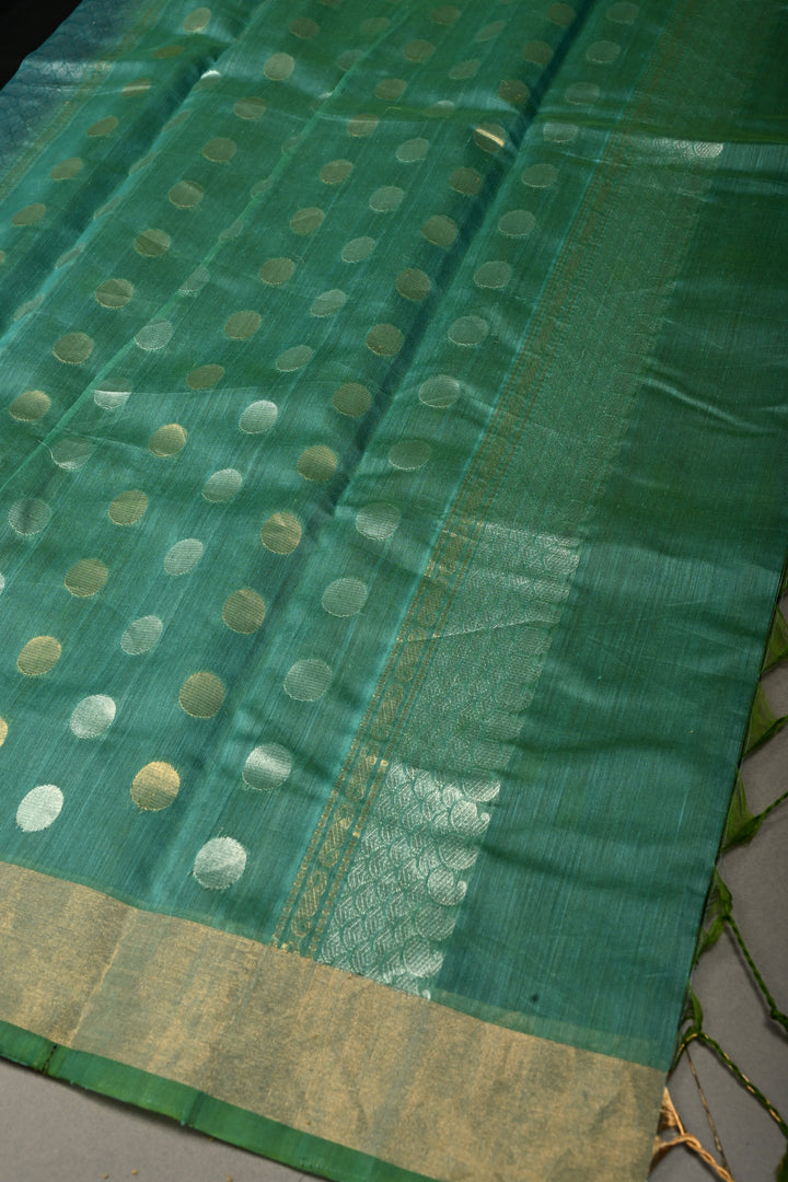 Black Mercerized Cotton Saree with Sona Rupa Polka Dots and Tissue Border | SHOBITAM