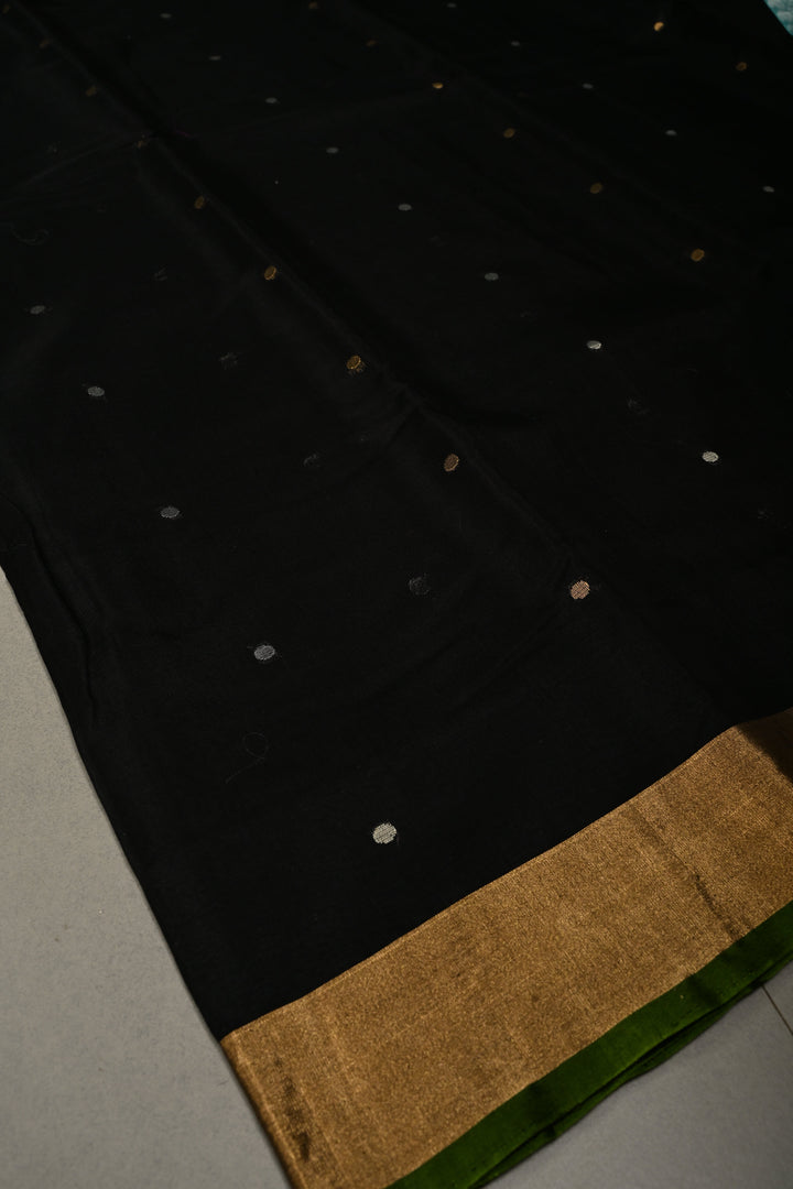 Black Mercerized Cotton Saree with Sona Rupa Polka Dots and Tissue Border | SHOBITAM