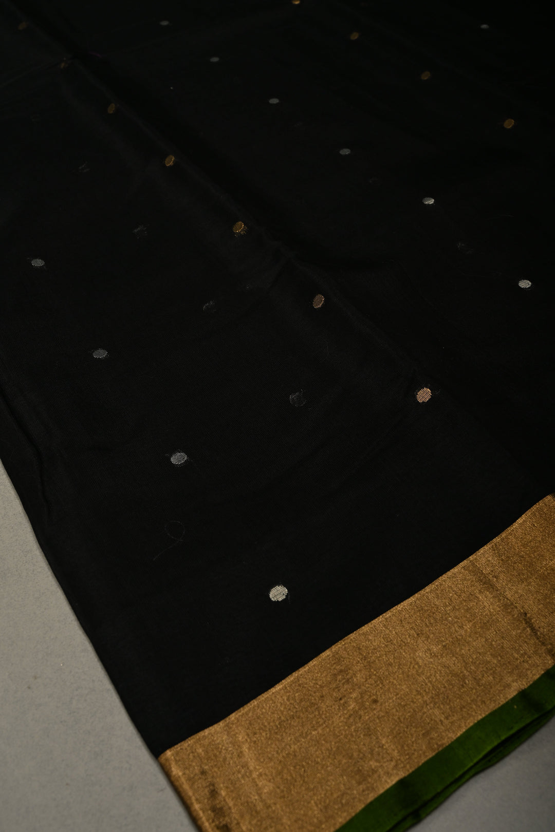Black Mercerized Cotton Saree with Sona Rupa Polka Dots and Tissue Border | SHOBITAM