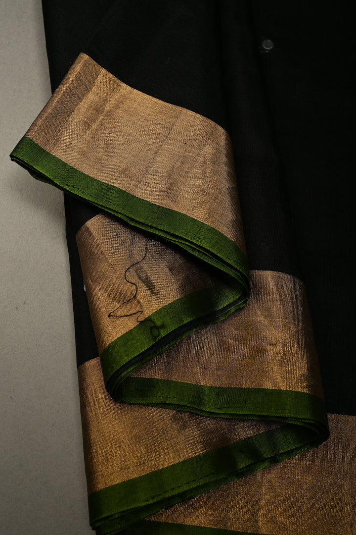 Black Mercerized Cotton Saree with Sona Rupa Polka Dots and Tissue Border | SHOBITAM