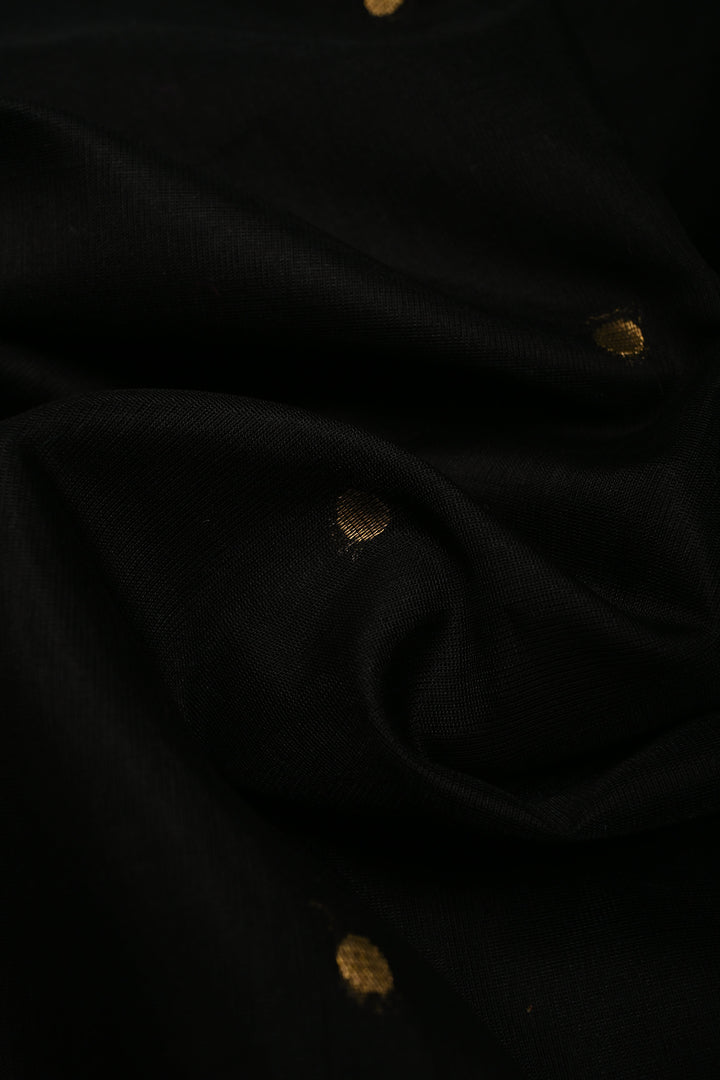 Black Mercerized Cotton Saree with Sona Rupa Polka Dots and Tissue Border | SHOBITAM
