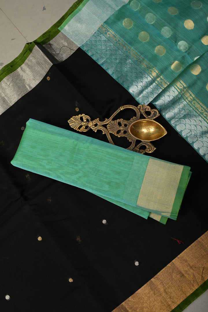 Black Mercerized Cotton Saree with Sona Rupa Polka Dots and Tissue Border | SHOBITAM