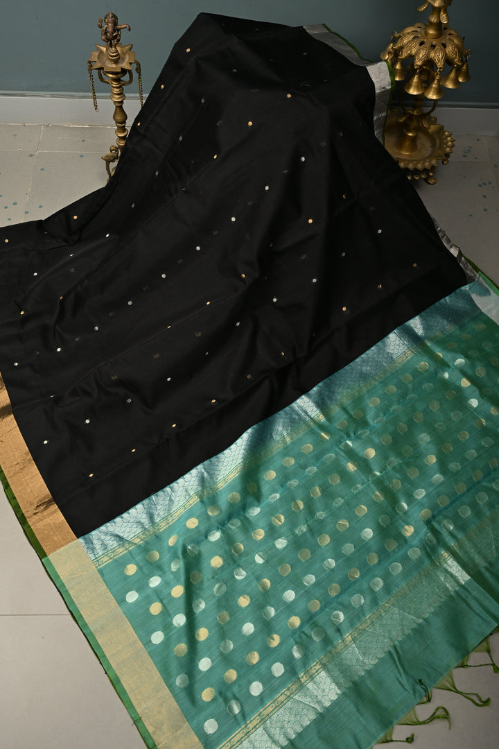Black Mercerized Cotton Saree with Sona Rupa Polka Dots and Tissue Border | SHOBITAM