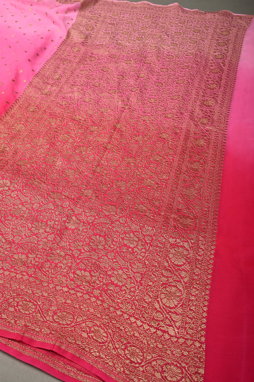 Ombre Banarasi Georgette Saree in Shades of Pink with Zari Buttas and Antique Zari Border | SILK MARK CERTIFIED | SHOBITAM