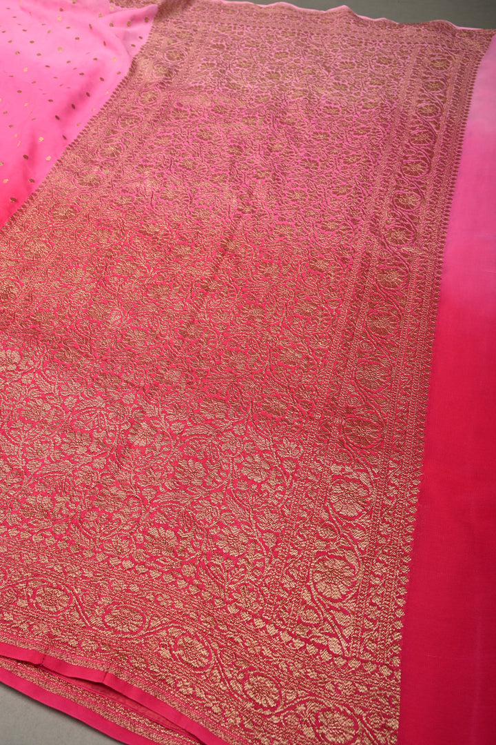 Ombre Banarasi Georgette Saree in Shades of Pink with Zari Buttas and Antique Zari Border | SILK MARK CERTIFIED | SHOBITAM