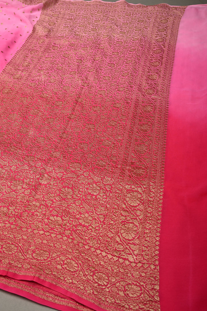 Ombre Banarasi Georgette Saree in Shades of Pink with Zari Buttas and Antique Zari Border | SILK MARK CERTIFIED | SHOBITAM