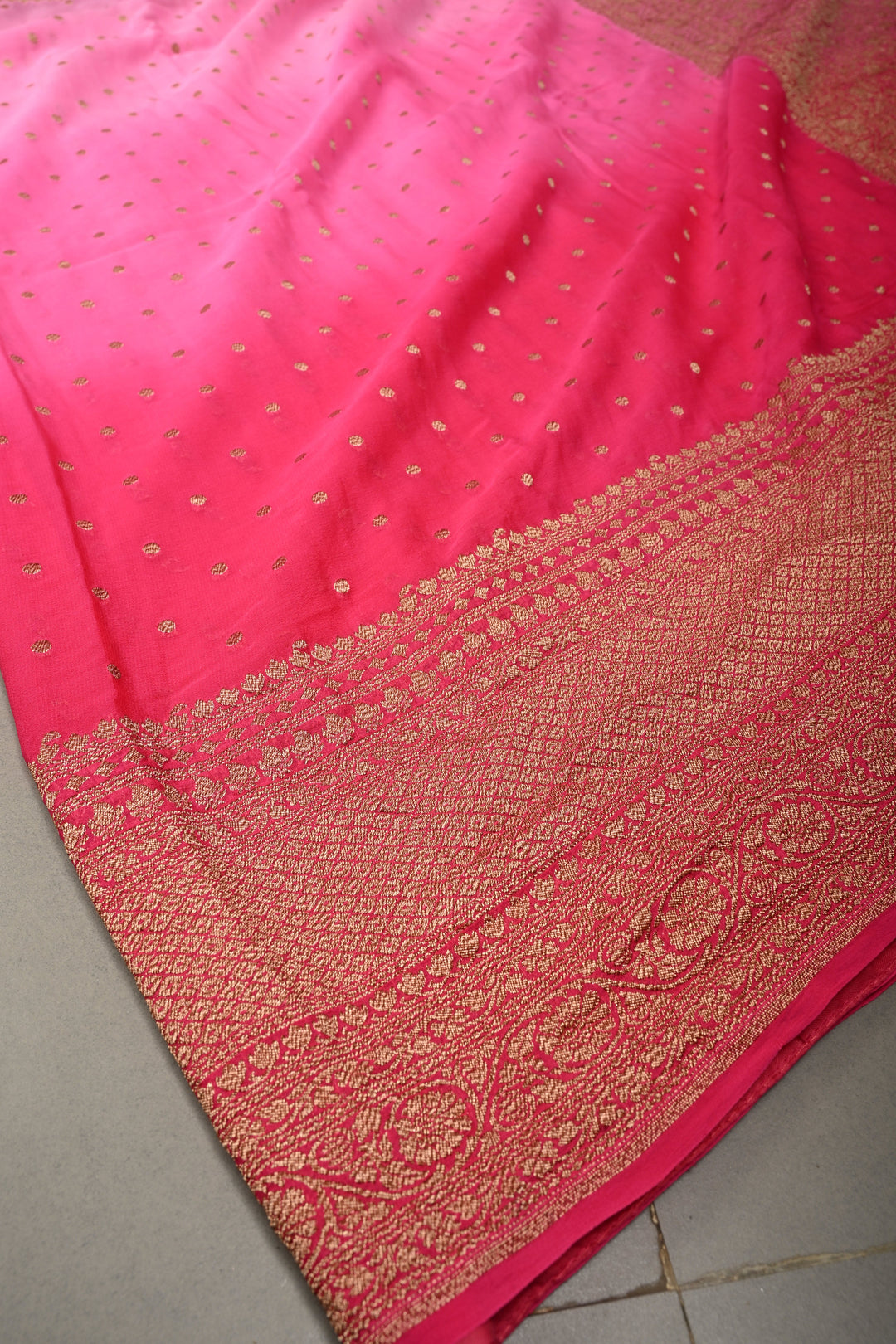 Ombre Banarasi Georgette Saree in Shades of Pink with Zari Buttas and Antique Zari Border | SILK MARK CERTIFIED | SHOBITAM