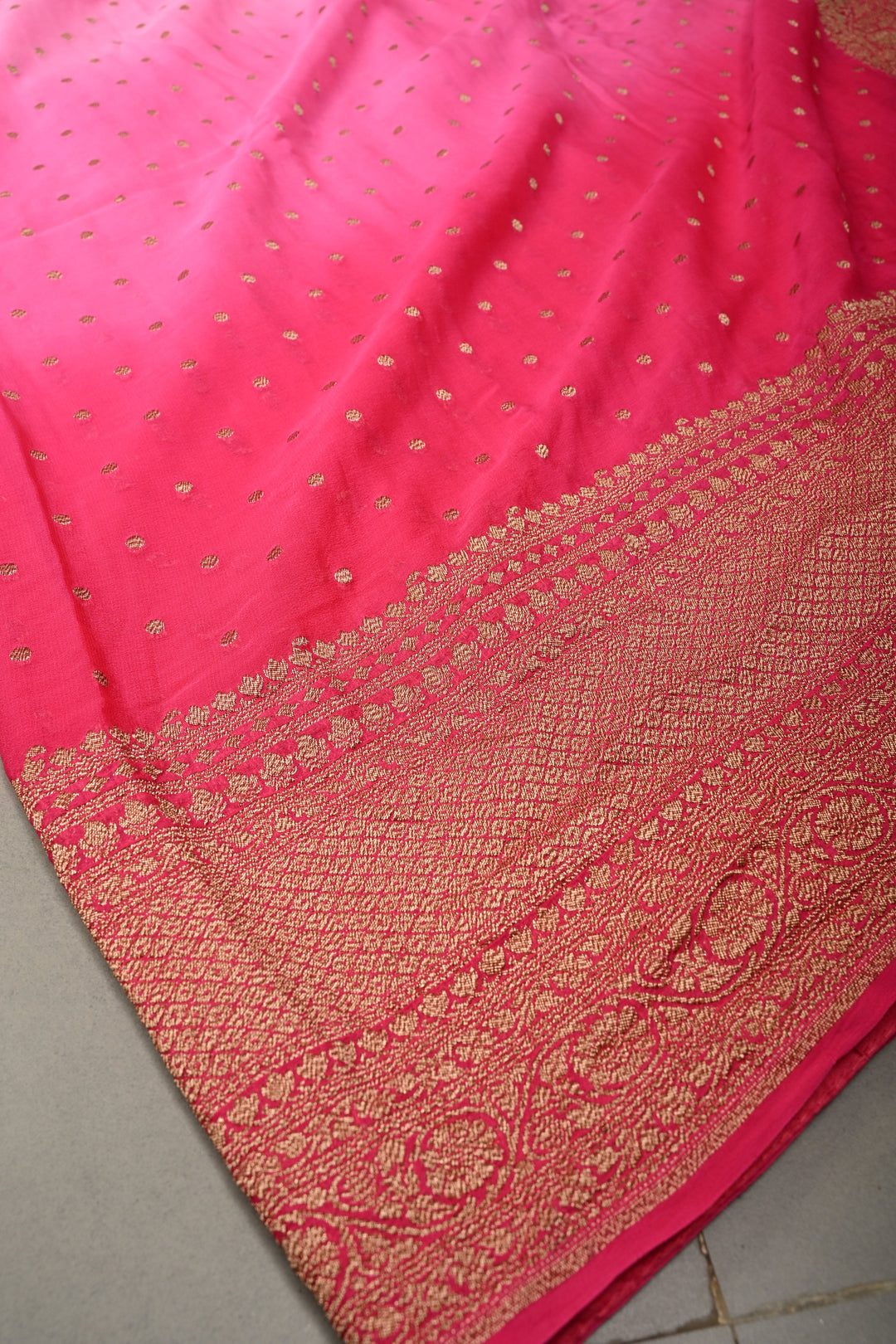 Ombre Banarasi Georgette Saree in Shades of Pink with Zari Buttas and Antique Zari Border | SILK MARK CERTIFIED | SHOBITAM