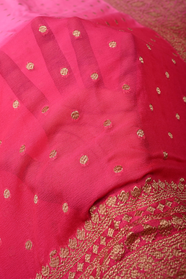 Ombre Banarasi Georgette Saree in Shades of Pink with Zari Buttas and Antique Zari Border | SILK MARK CERTIFIED | SHOBITAM