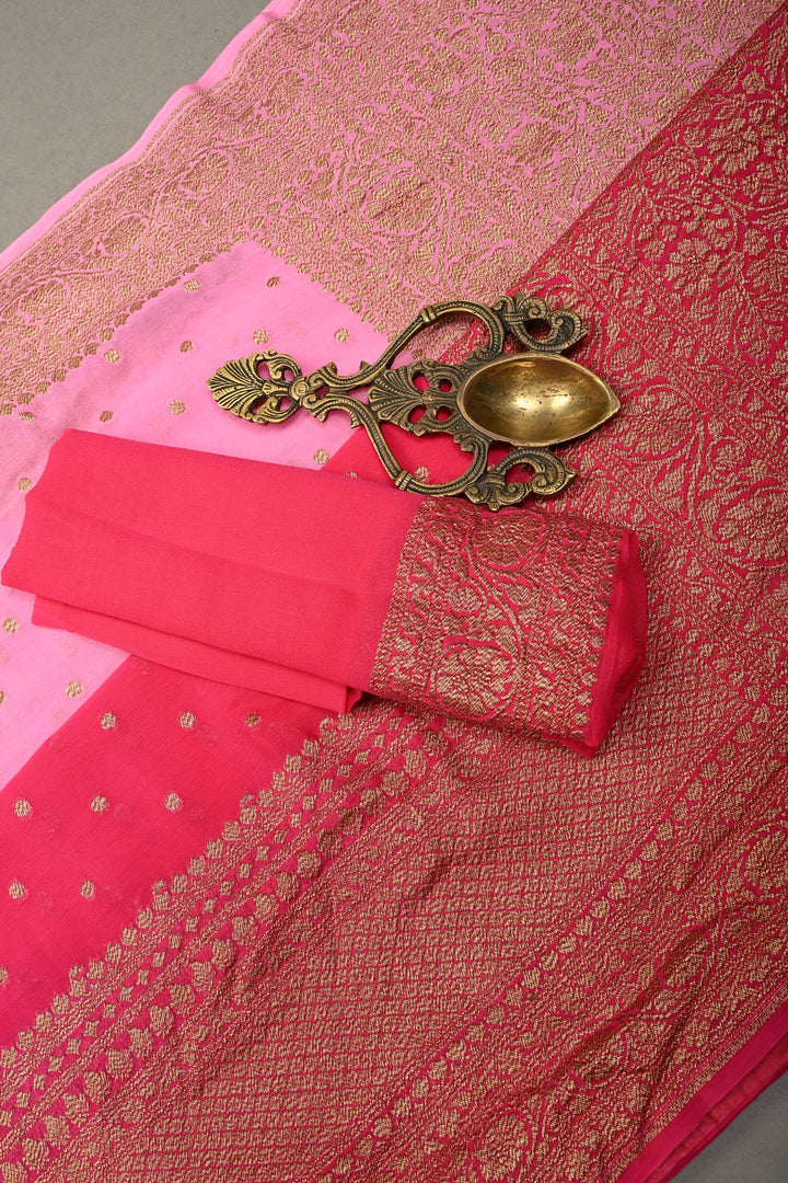 Ombre Banarasi Georgette Saree in Shades of Pink with Zari Buttas and Antique Zari Border | SILK MARK CERTIFIED | SHOBITAM